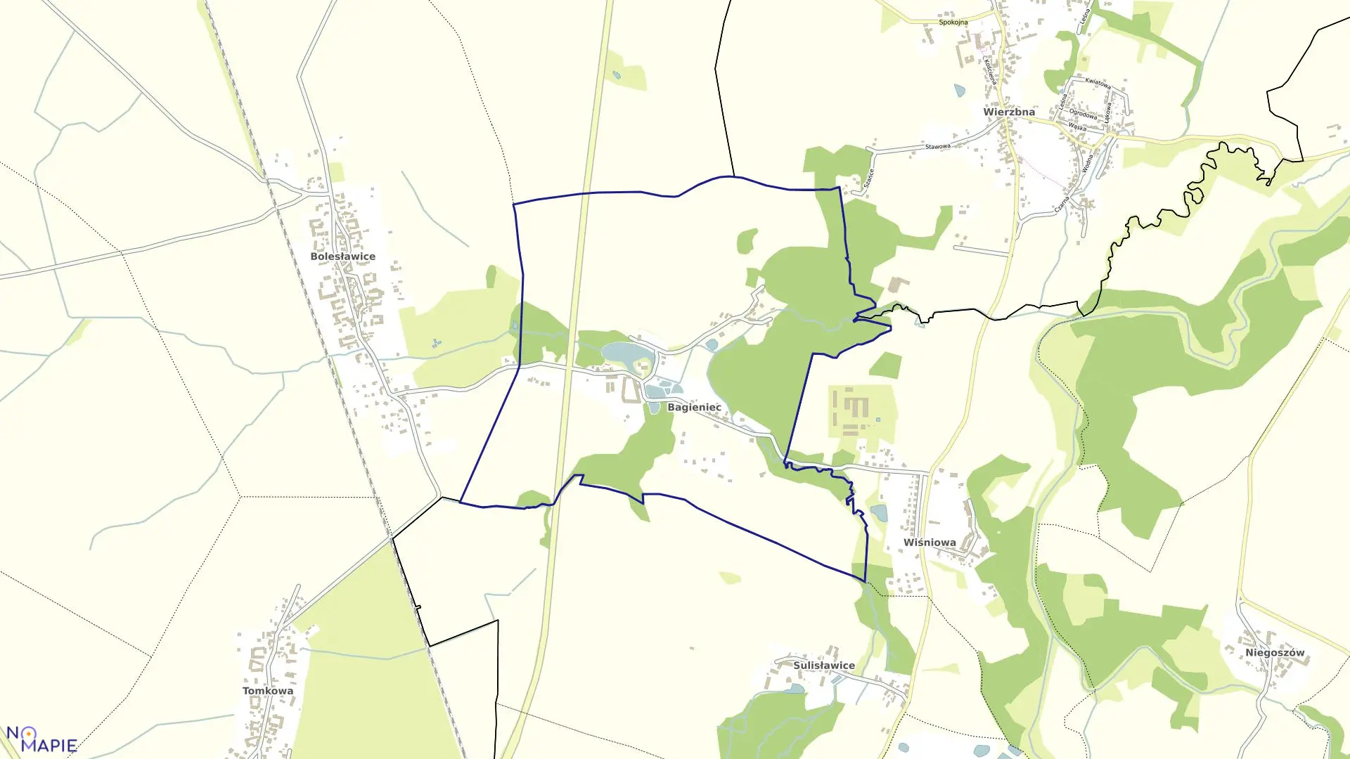 Mapa obrębu Bagieniec w gminie Jaworzyna Śląska